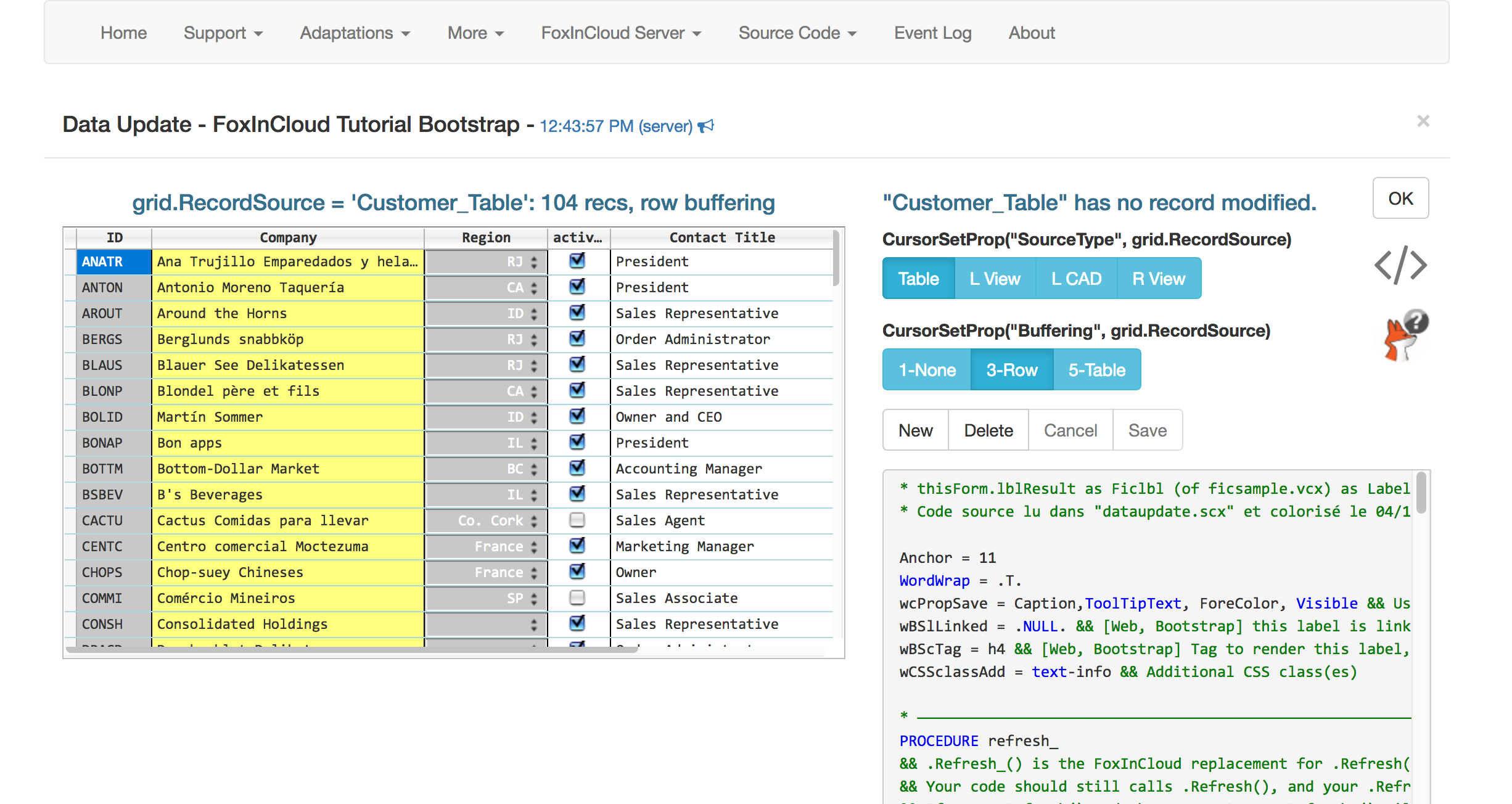 FoxInCloud Live Tutorial Sample: data updating form