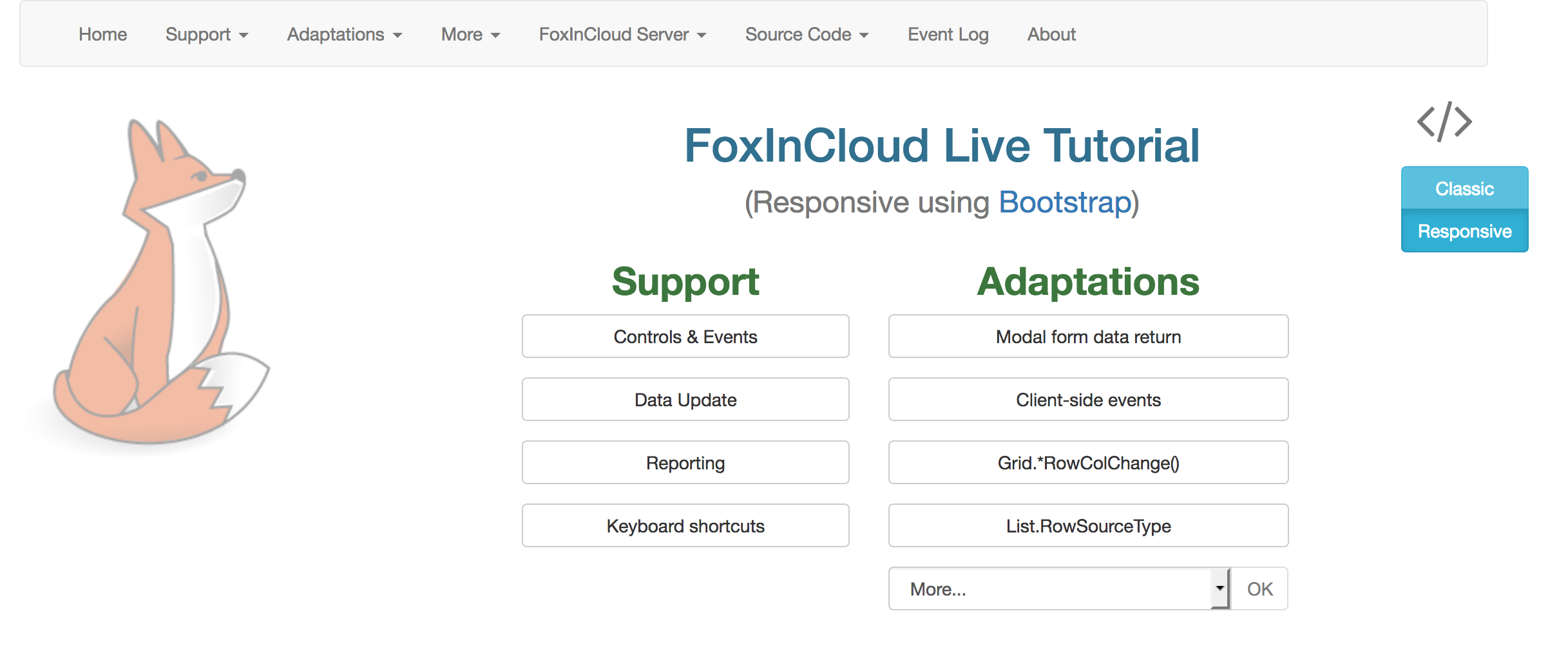 FoxInCloud Live Tutorial home, responsive mode